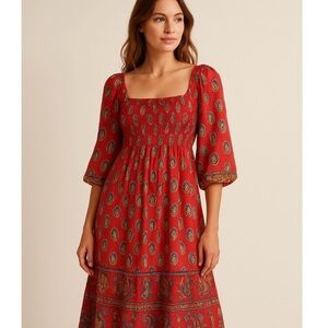 Me 2 Magic Boho Maxi Dress Large Balloon Sleeves Orange Red Retro 70s